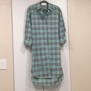 Burberry Bright Aqua Lace Trim Collar Check Cotton Shirt Dress,